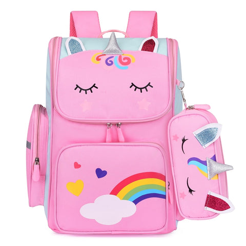 Mochila Kawaii para niños y niñas, mochilas escolares de unicornio  arcoíris, azul cielo, mediana de 16.5 pulgadas, Rosado, Moderno